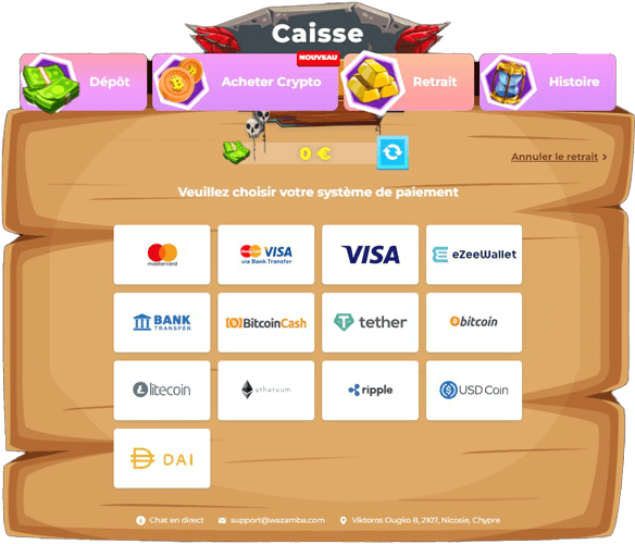 Les méthodes de retrait disponibles sur Wazamba Casino