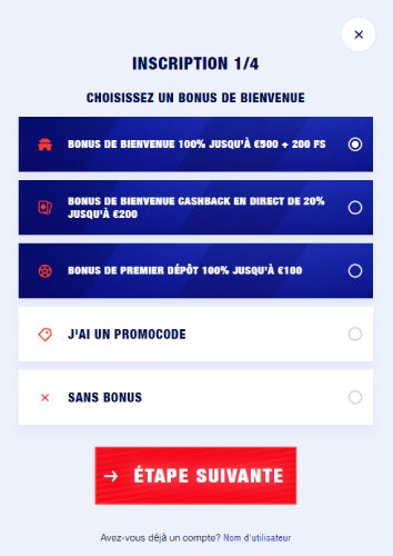 Page d'inscription Bankonbet, choix du bonus de bienvenue