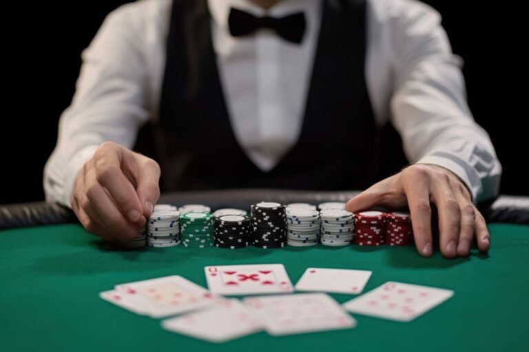 Bannière article Règles du Baccara, croupier devant une table avec des jetons et des cartes