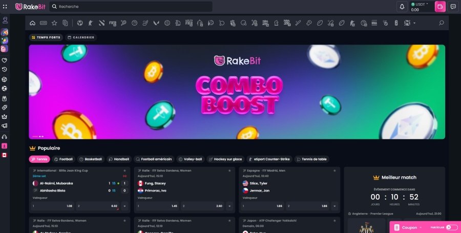 Aperçu de la page sports du casino en ligne Rakebit