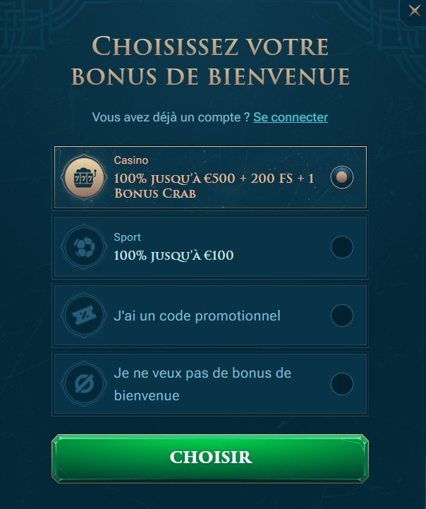 Slotuna page inscription étape 1 choix du bonus