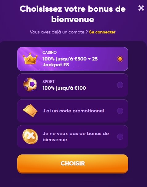 Kingmaker Casino choix du bonus