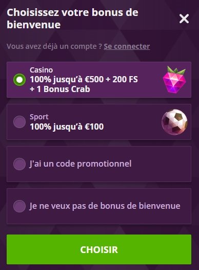 Malina Casino choix du bonus