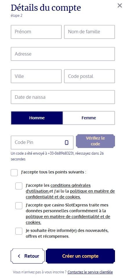 Slot Express inscription étape 2