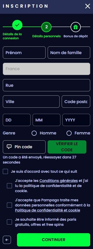 PampaGo casino inscription étape 2