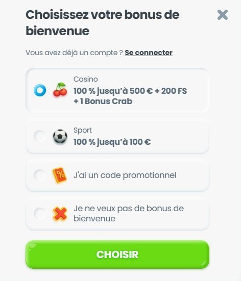 Cazimbo inscription choix du bonus