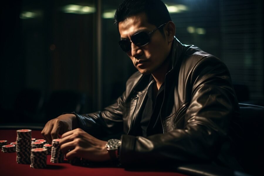 Visuel article Stud Poker, joueur installé à une table de poker, jetons posés devant lui.
