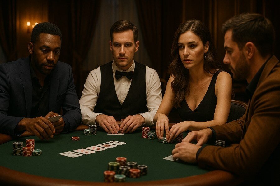 4 joueurs en pleine partie de Texas Hold'em Poker