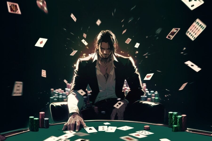 Martingle au Blackjack : homme assis à une table de blackjack cartes et jeton sur la table