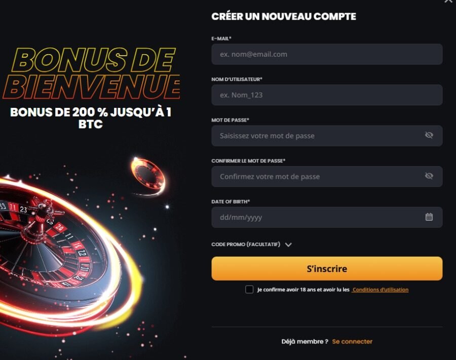 Instant Casino la page d'inscription