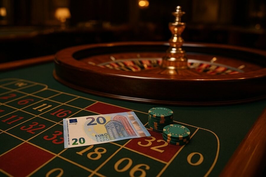 Comment gagner à la roulette avec 20 euros. billet de 20€ posé sur une table de roulette de casino en ligne