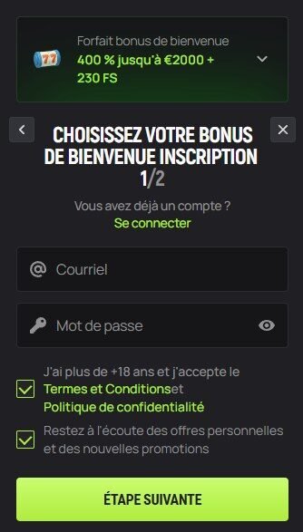 Avocasino inscription étape 2/3