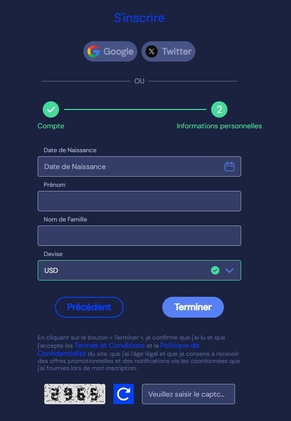 SlotNeo Casino page d'inscription étape 2