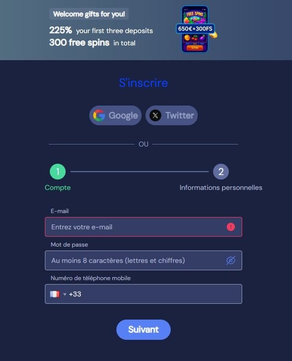 SlotNeo Casino page d'inscription étape 1